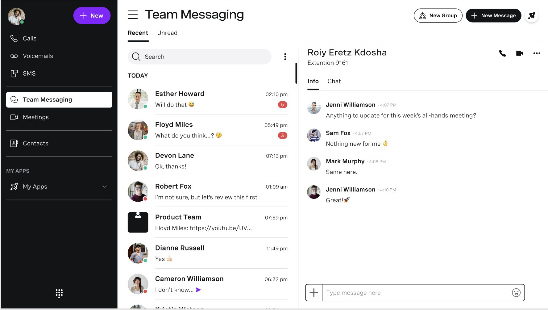 Team Messaging — conversation list, thread and contact info in one frame.
