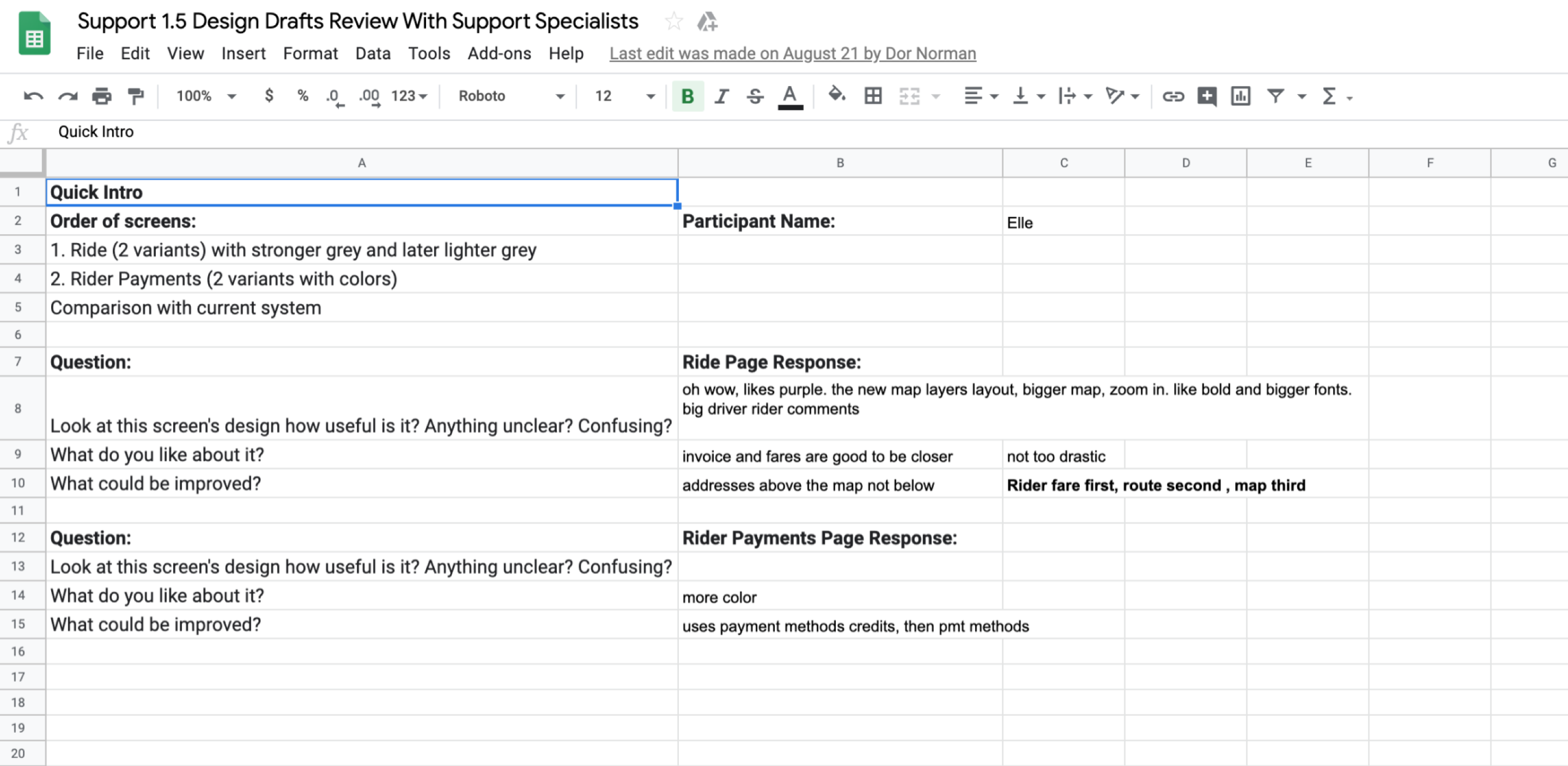 Usability test review spreadsheet, screen-by-screen feedback from support specialists